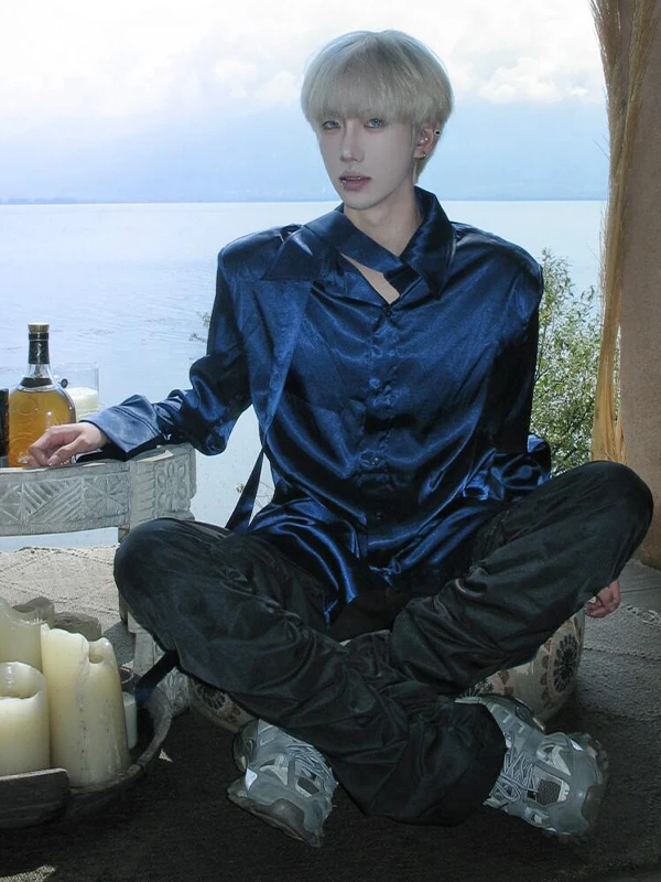 

Blue Satin Long Sve irt Men's Sle oulder Pad Inner Wear Casual Faion Spring Autumn Polyester Fiber No Brand