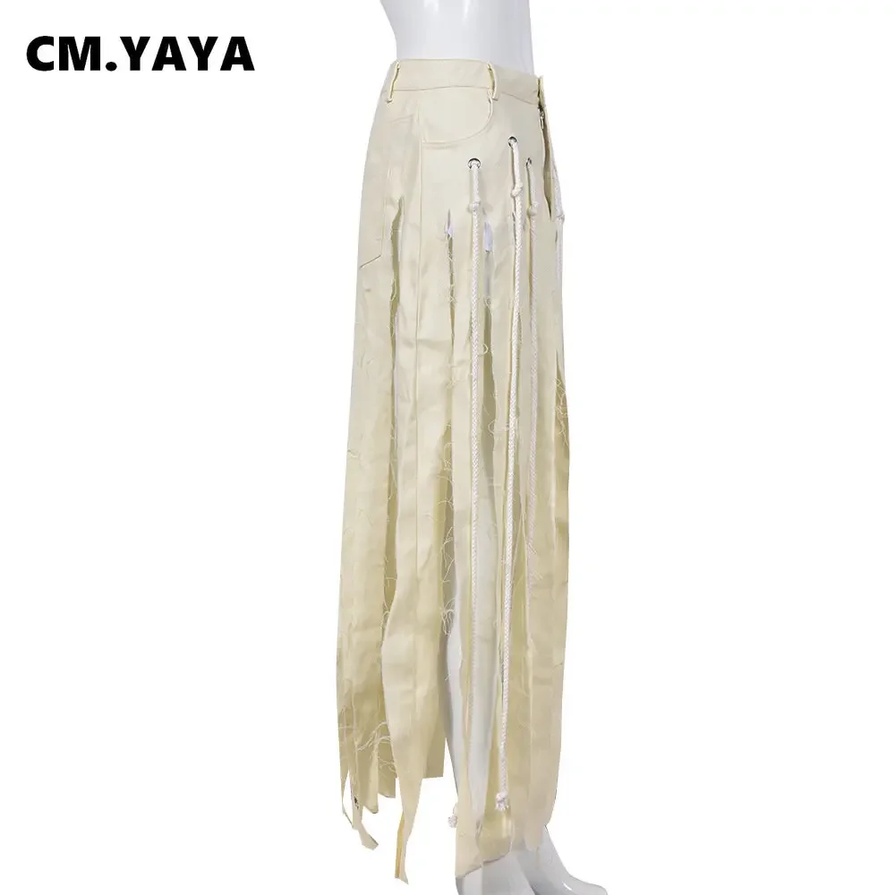 Women Cutout Split Drawstring Tassel Zipper Fly Straight Bodycon Midi Maxi Long Denim Skirt 2024 Summer INS Jeans Skirts