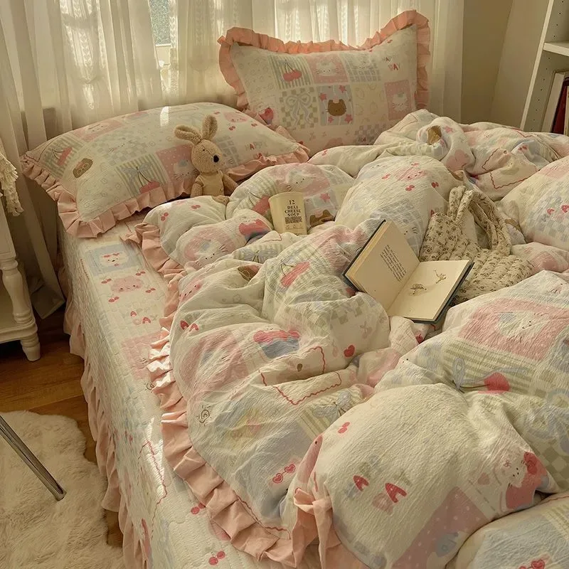 

Thickened Quilted Cotton Bedspread Set - All-Season Cotton-Linen Double-Layer Gauze 3/4-Piece Bedding