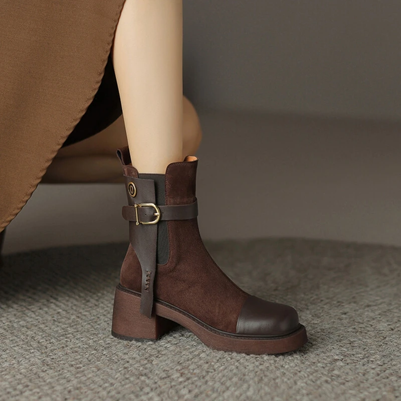 NEW Autumn Women Boots Cow Suede Leather Shoes for Women Square Toe Chunky Heel Shoes Zip Short Boots Belt Buckle Modern Boots