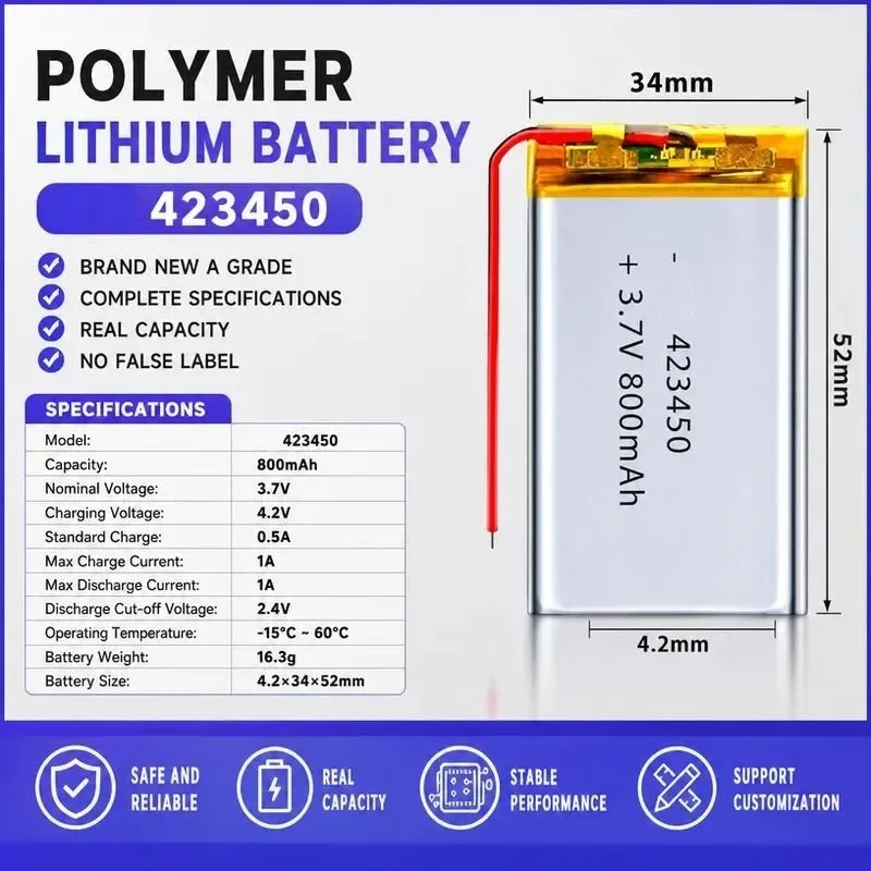 [New] 10pcs for 423450 Polymer Lithium Battery 800mAh 3.7V Rechargeable Battery Cell with Protection Board