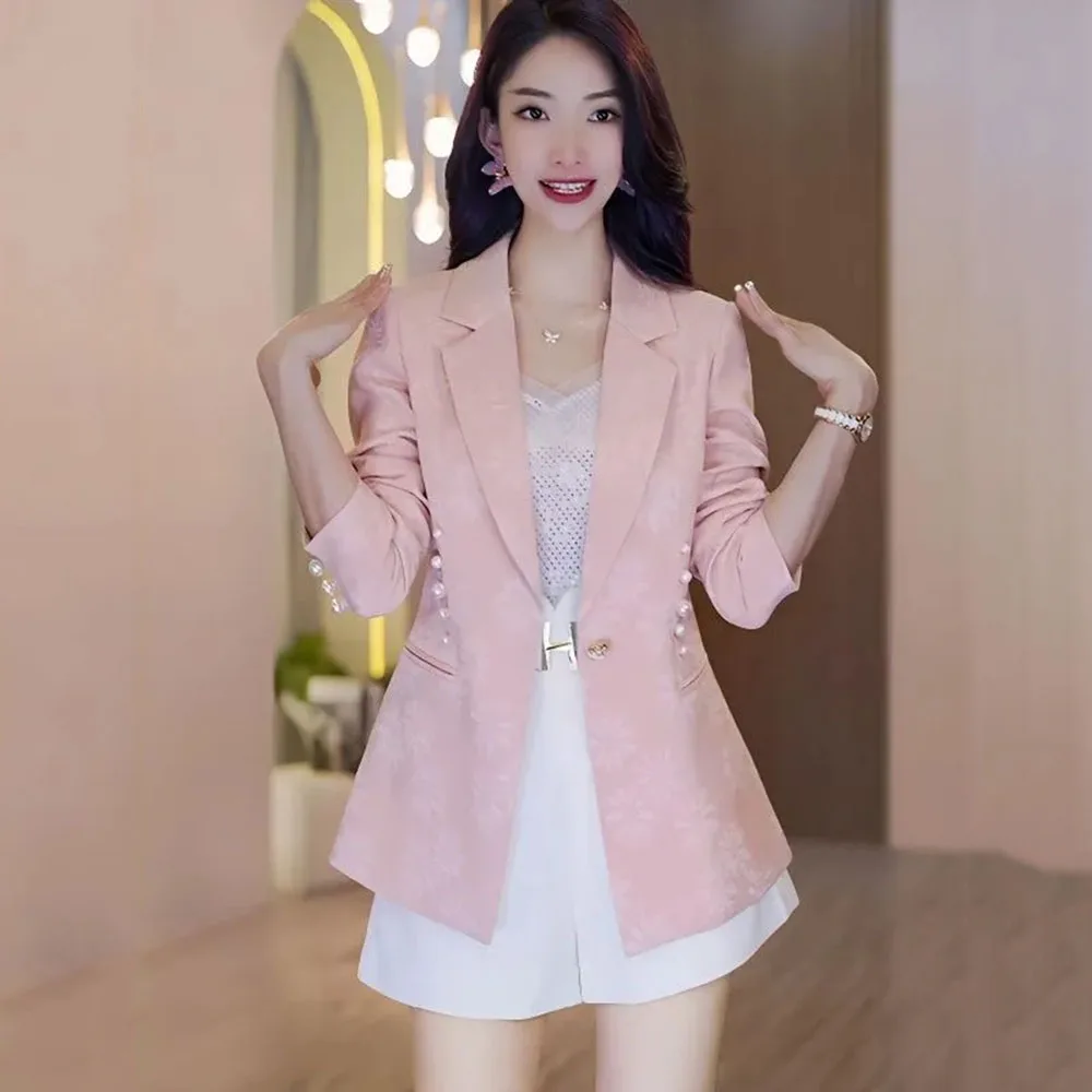 

Luxury Pearl Pink Suit Coat Women's Spring Autumn 2024New High Quality Elegant Jacket For Ladies Casual Fashion Jacquard Blazers