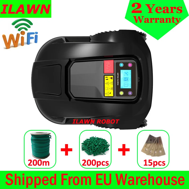 

The 6th Generation WiFi App Automatic Lawn Mower Machine E1800T with 6.6ah Lithium Battery+200m wire+200pcs pegs+15pcs blades