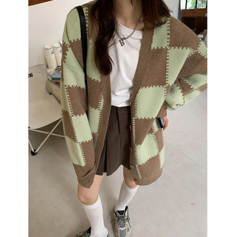 Women Autumn Korean Fashion Loose Plaid V-neck Long Sleeve Knitting Cardigan Coat Ladies Office Lady All-match Trend Knitwear