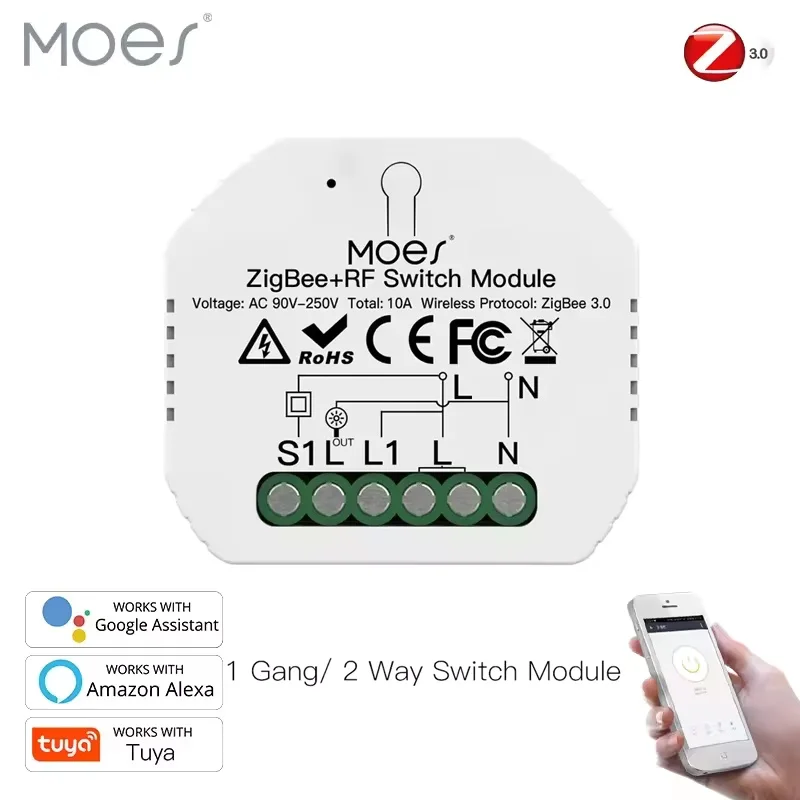 

Умный модуль-переключатель MOES RF ZigBee 3.0 DIY с дистанционным управлением через приложение Tuya Smart Life, совместимый с голосовыми помощниками Alexa и Google Home Assistant