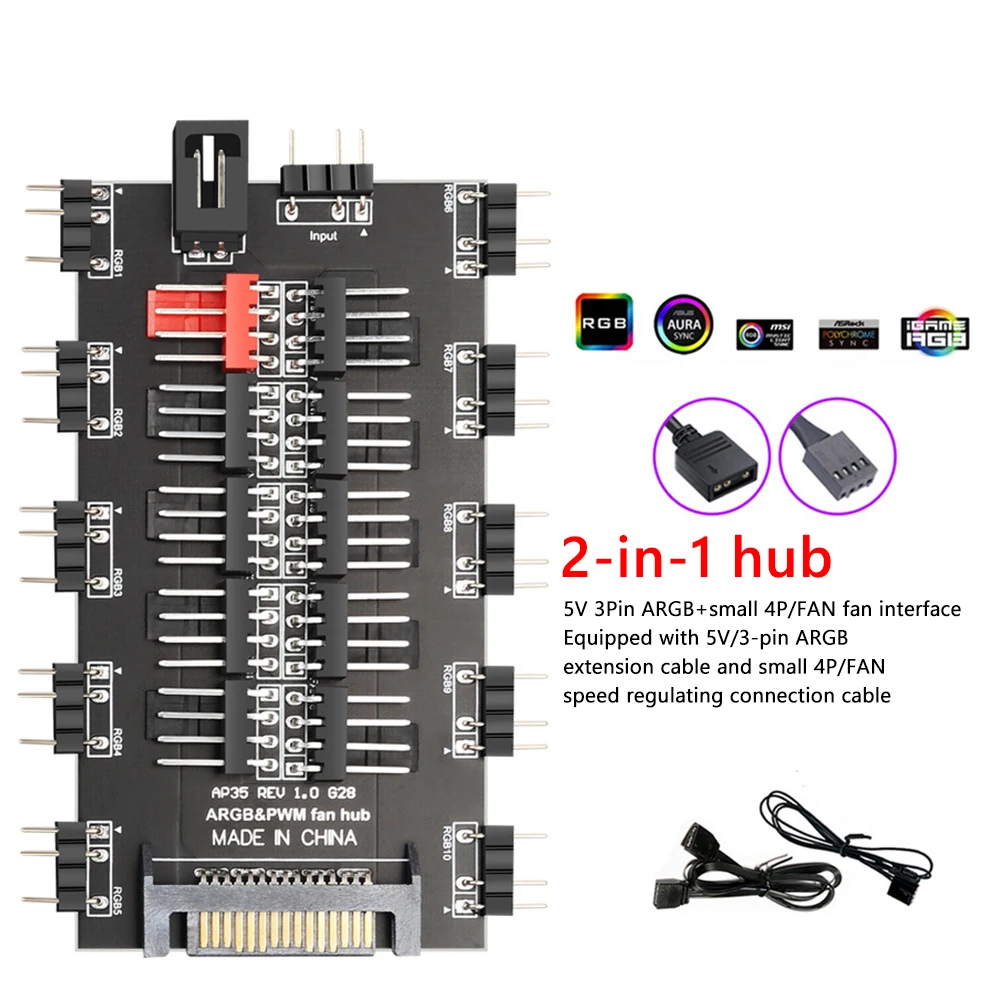 2 in 1 Multi Splitter Fan Hub 5V 3PIN ARGB SATA Power Fan Splitter 12V 4PIN PWM Computer Accessories 10 Way HUB for PC Chassis