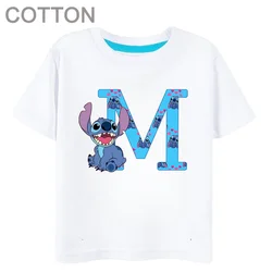 White Stitch Letter ABCD Cotton Children T-Shirt Name Combination Tee Shirts Cartoons Kawaii Kid Casual Girl Boy Harajuku Tops