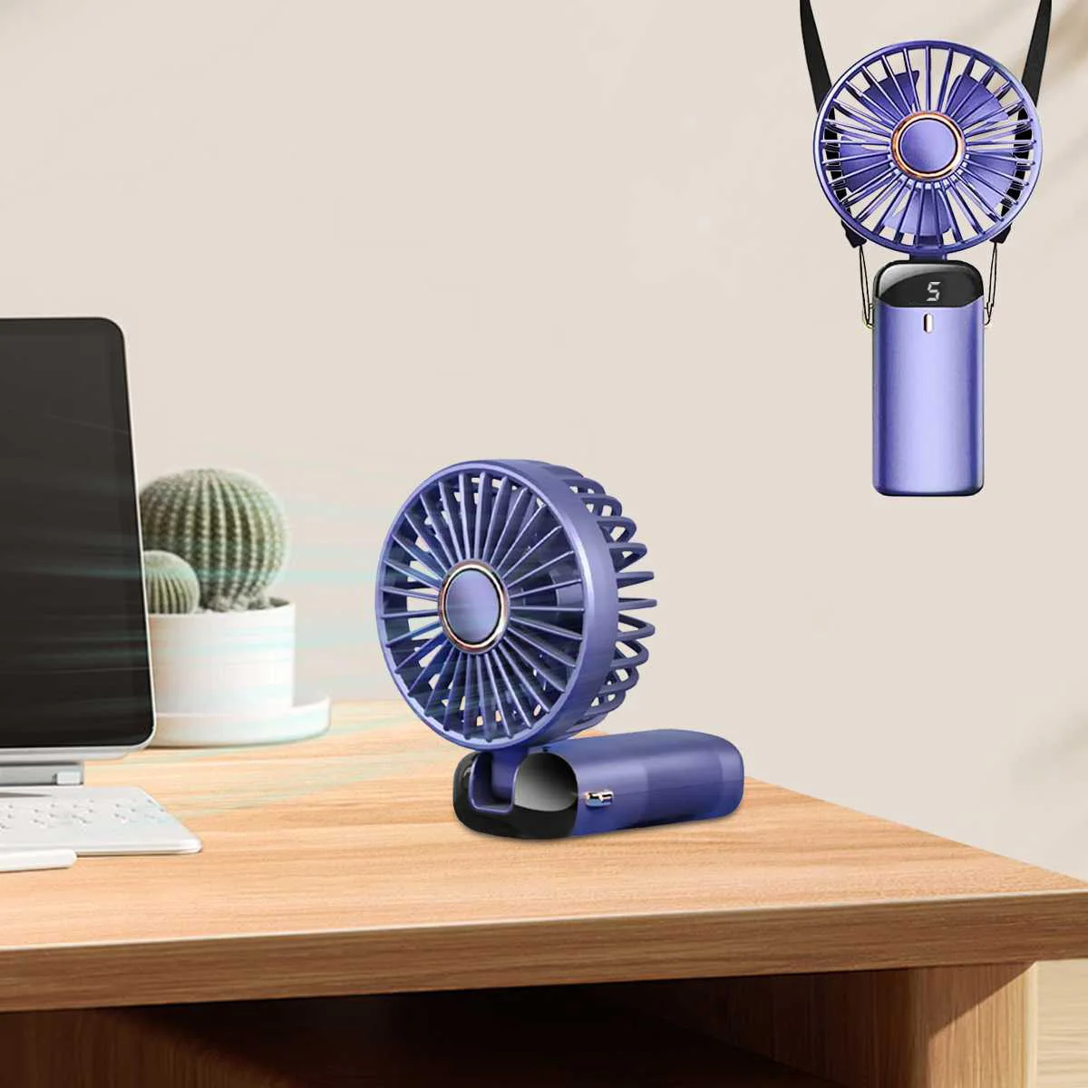 Tragbarer, wiederaufladbarer USB-Handventilator, faltbar, mit 5 Geschwindigkeitsstufen, Handyhalterung, digitaler Anzeige, Kühlung, zum Aufhängen am Hals – Detail 4