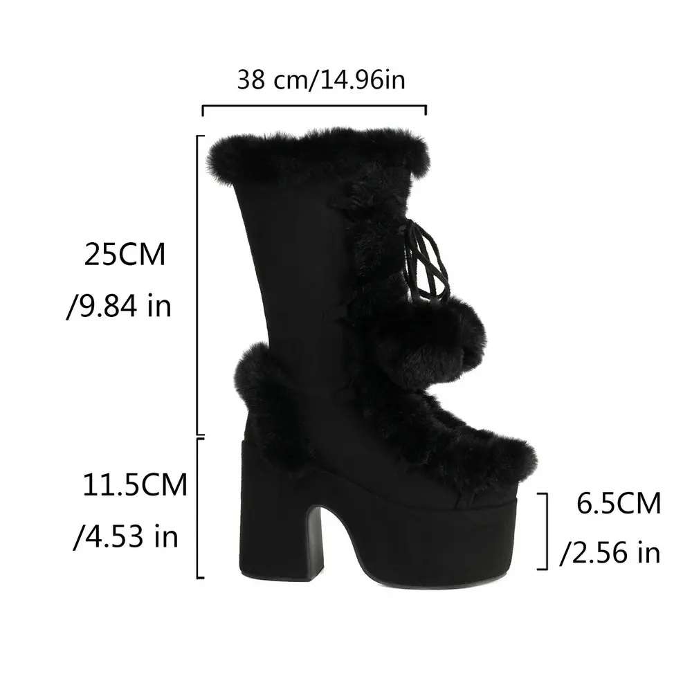 Lovely Lolita Mid-Calf Boots Women\'s Platform Thick Heels Sweet White Show Party Cosplay Ladies Fur Zipper Boots Pom-pom Pendant