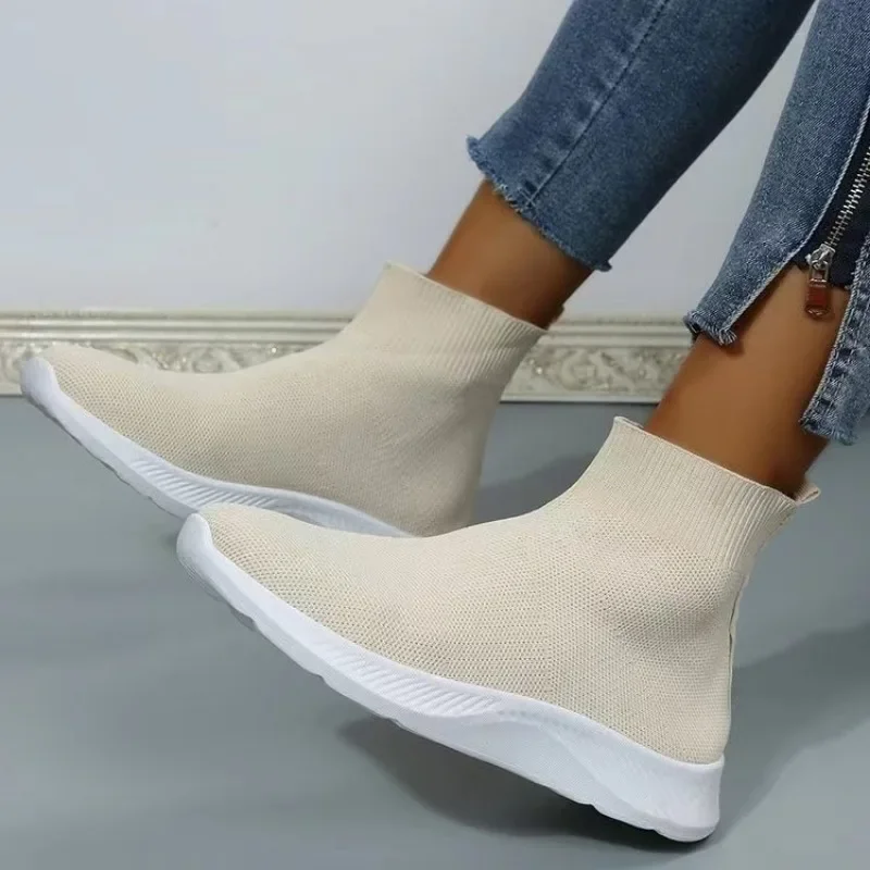 High Top Breathable Knitted Flats Women Autumn Slip on Non-slip Casual Shoes Woman Plus Size 43 Thick Bottom Sock Shoes