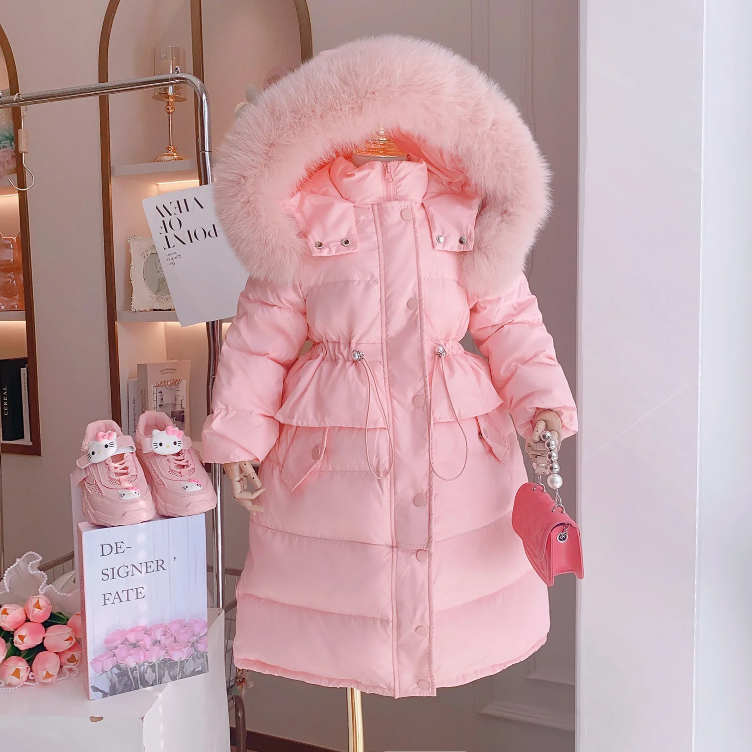 

2024 Winter Girls Down Clothes Fashion Long Fur Hooded Cotton Padded Jacket Kids Warm Slim Waist Children Outerwear