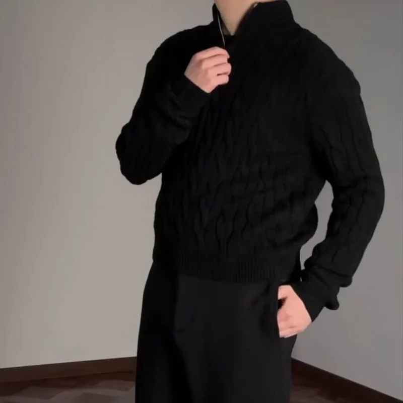 Autumn New Half Zipper Sweaters Men's Old Money Twists Pattern Half High Collar Knit Pullovers British Lazy Comfortable Jumpers