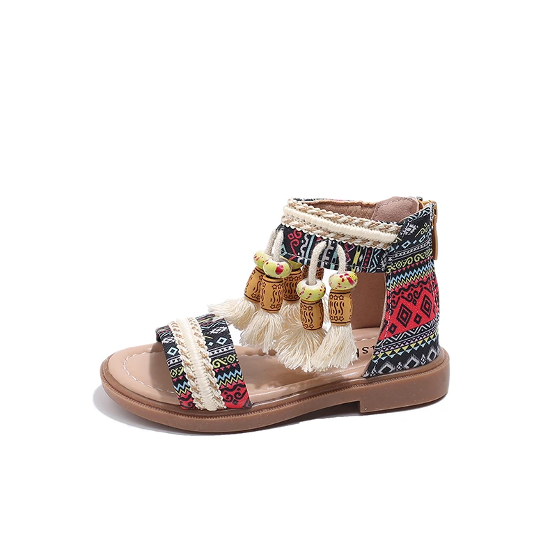 Fringe Sandals for Girls Retro Ethnic Style Summer Shoes Geometric Yarn Dyed Pattern Ancient Tradition Shoe Kids