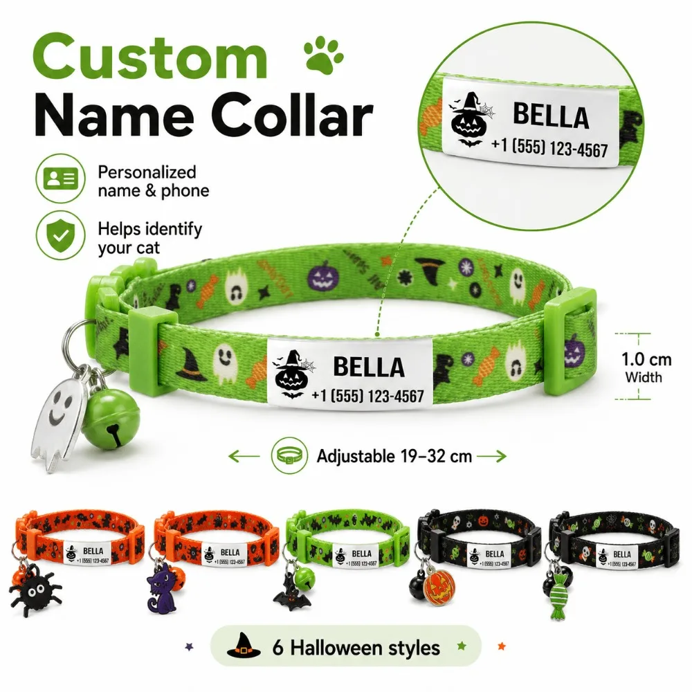 Custom Halloween Cat Collar with Bat Ghost Pumpkin Pattern & Matching Pendant, Personalized Name Phone Tag for Small Cats