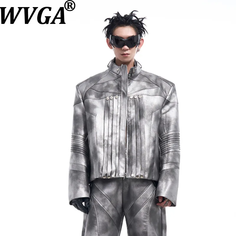 

WVGA Autumn Winter New Men Tide Liquid Silver TrendyTurn-Down Collar Leather Jackets Niche Chic Casual Straight Pants Ins W17344