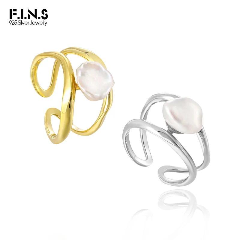 F.I.N.S Irregular Baroque Pearl Double Layer Hollow Lines S925 Sterling Silver Rings for Women Open Adjustable Finger Fine Jewel