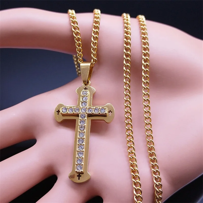 Kalung Salib Yesus Kristen Hip Hop untuk Wanita Hadiah Perhiasan Kalung Religius Berlapis Emas Baja Tahan Karat Berlian Imitasi N6591