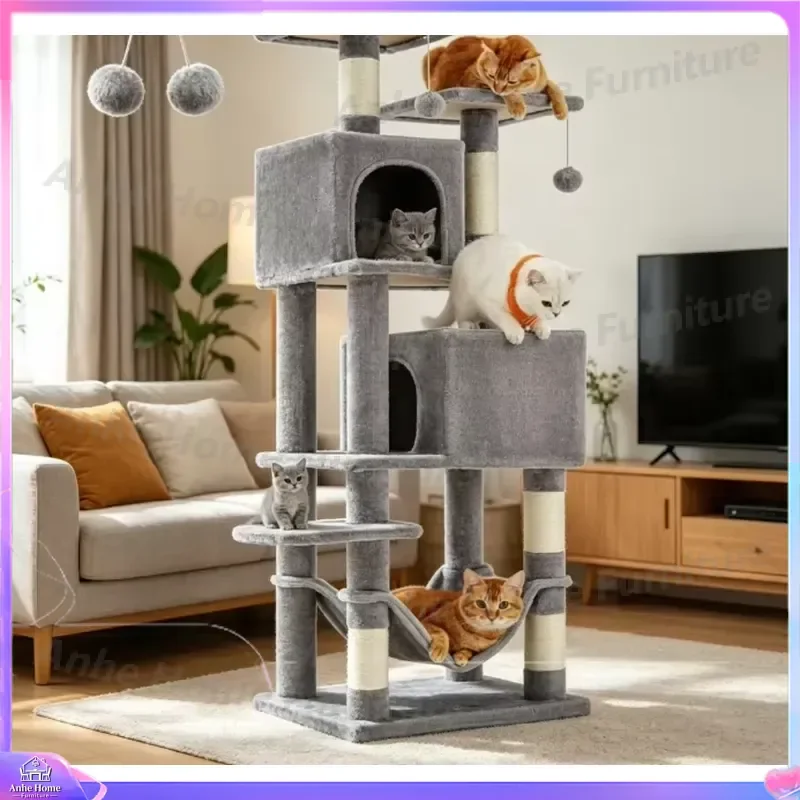 Tall Multi-Story Light Gray Cat Tree Tower with Double Cave Apartment Swing Hammock Multiple Platforms Sisal Scratching Post