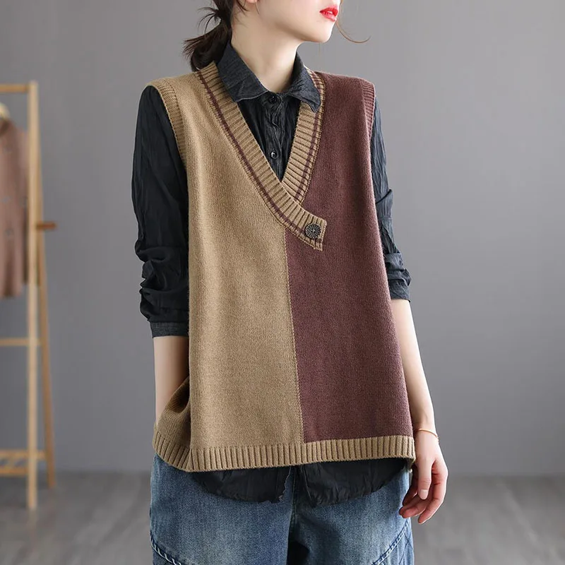 Fashion V-Neck Spliced Button Color Vest Sweater Women\'s Clothing 2023 Winter New Casual Pullovers Loose All-match Tops