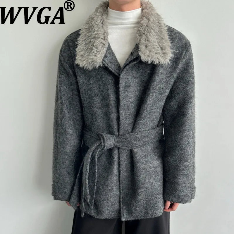 

WVGA Autumn Winter New Men Tide Wool Woolen Fur Collars Trendy Overcoats Niche Chic Casual Mid-Length Tie Jackets Ins Y2K W16230