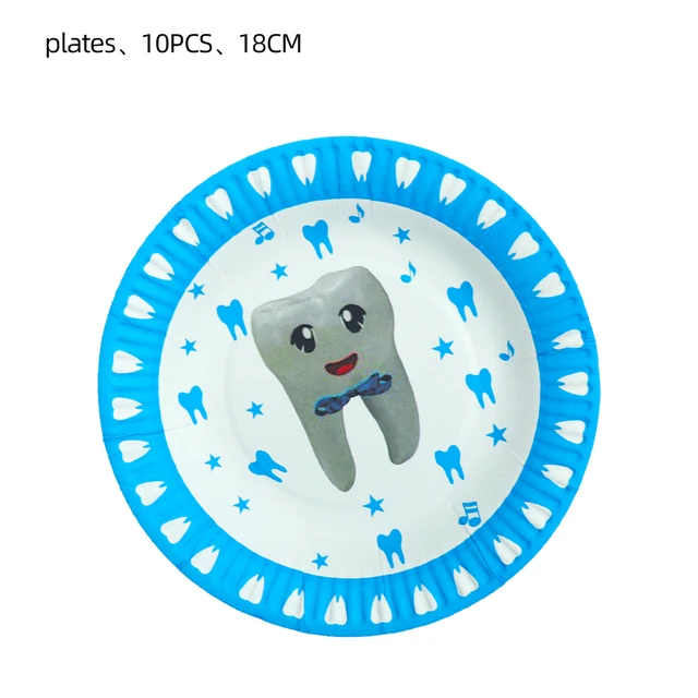 Blue Teeth Theme Disposable Tableware Boy\'s First Tooth Birthday Party Decorations Disposable Plates Napkins Cups Banners