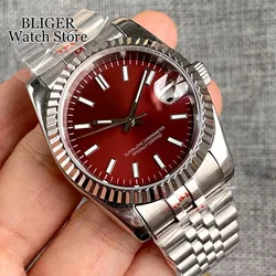 New 36mm Fluted Bezel Wristwatch For Men NH35AA Sapphire Crystal Baton Hand Luminous Dark Red Sunburst Dial Jubilee Strap