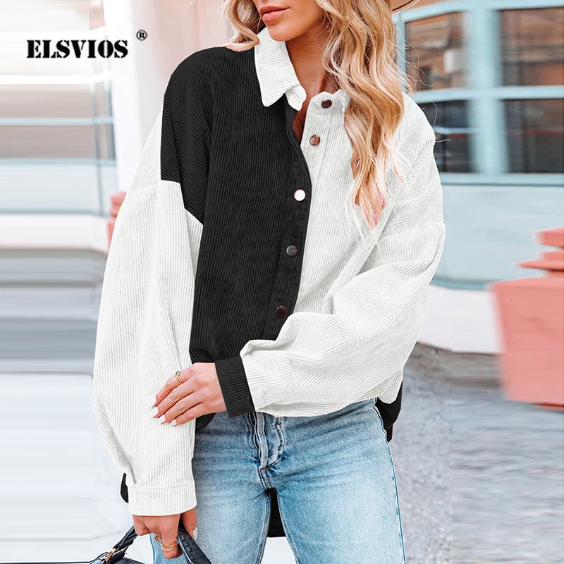 

Autumn Winter Women New Corduroy Coats Shirts Casual Patchwork Color Long Sleeve Loose Buttons Cardigan Streetwear Female Blouse