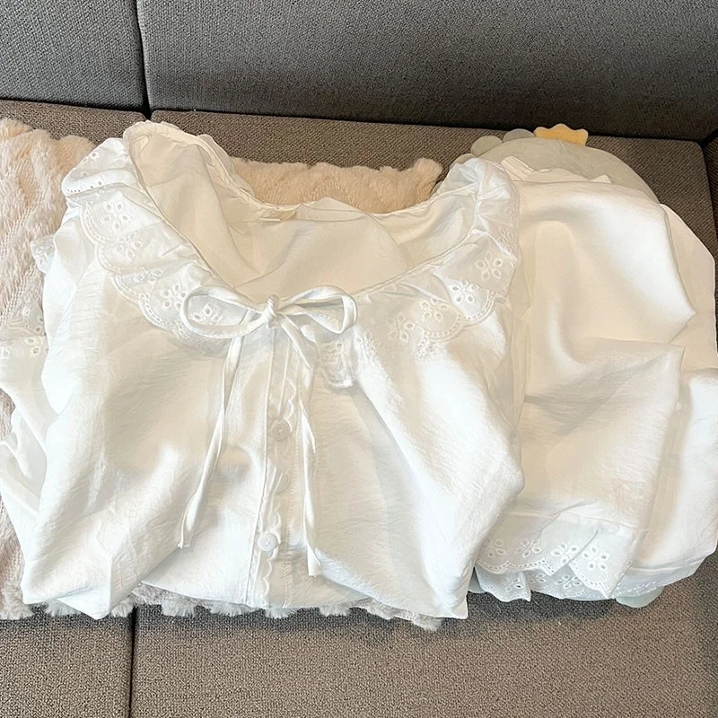 

Princ Sle комплект пижамы из чистого хлопка для женщин, длинные брюки све, домашняя одежда, весна-осень, милый кружевной дизайн
