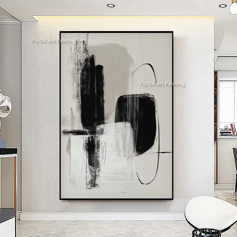 Textured Impasto Hand‑Painted Abstract Canvas Oil Painting, Monochrome Expressive Shapes, Wabi‑Sabi Vertical Wall Hanging