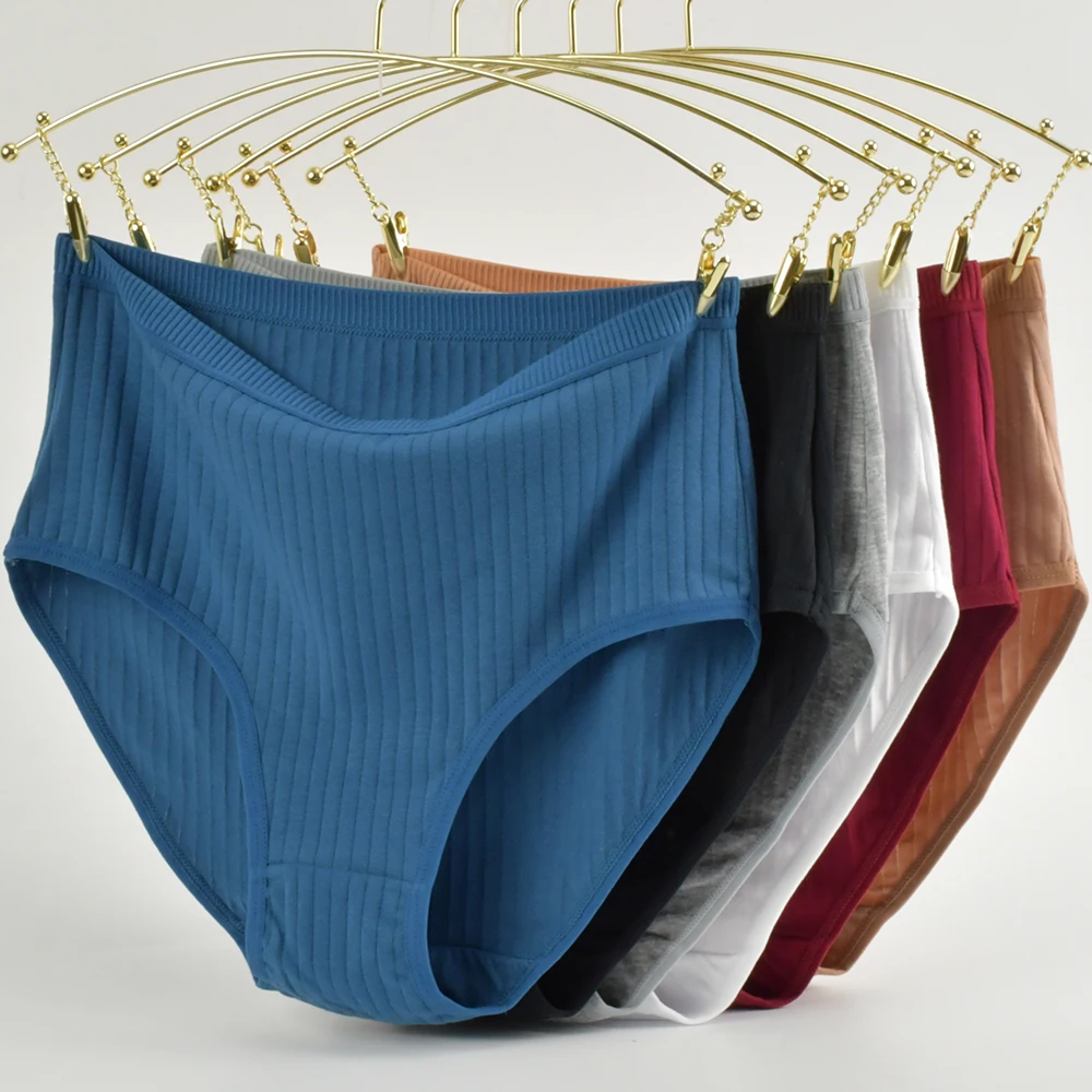 1pc Women\'s Cotton High Waist Panties – Vertical Stripe Plus Size Underwear Breathable Solid Lingerie Shorts Simple Lady Briefs