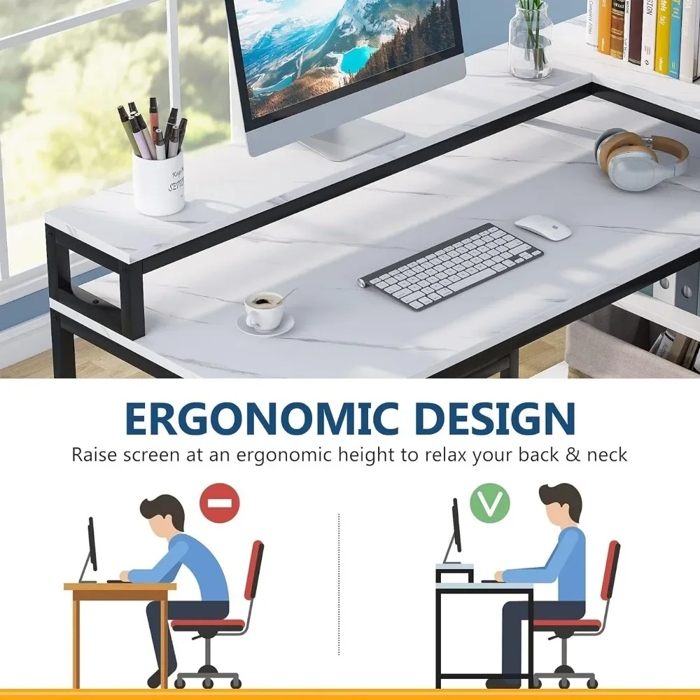 55 Inch Reversible L Shaped Computer Desk with Storage Shelf, Modern White Corner Desk with Shelves and Monitor Stand