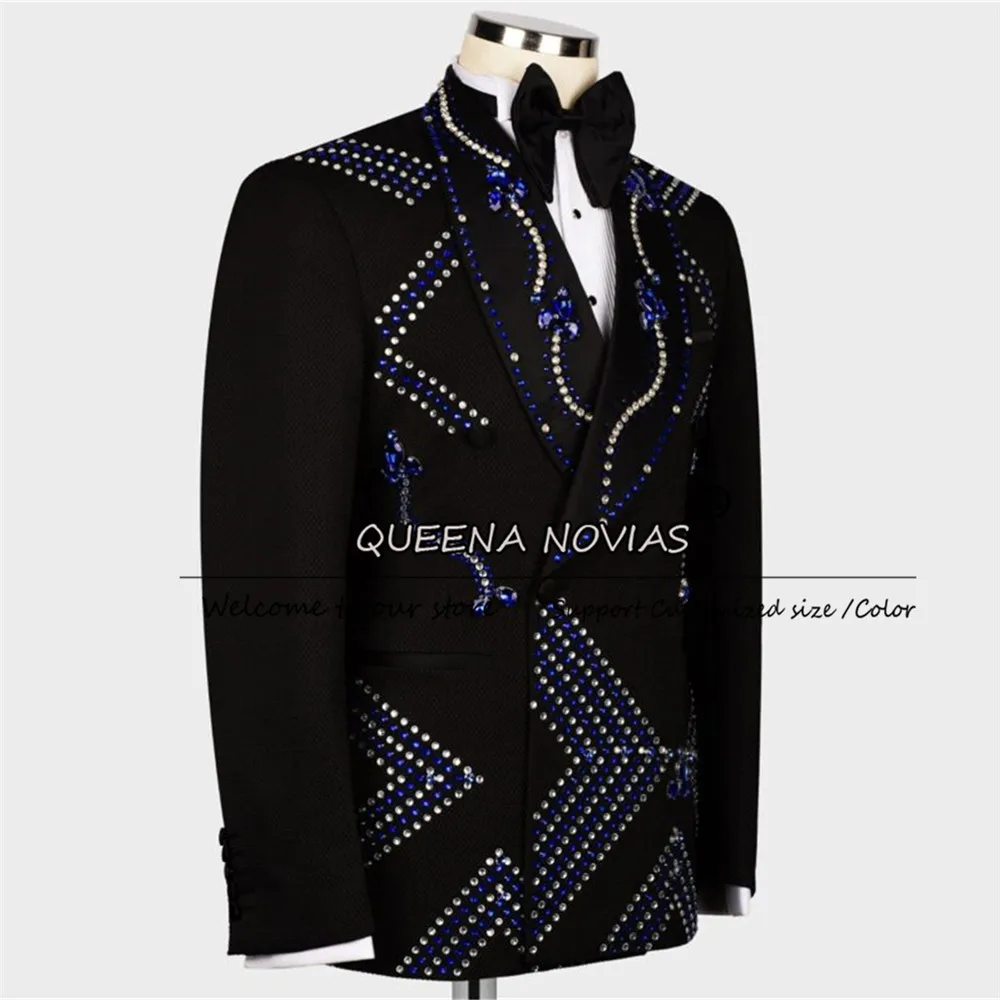 

Exclusive Design Wedding Suits For Men Beaded Stones Prom Blazers Customized 2 Pieces Groom Tuxedos Terno Masculinos Completo