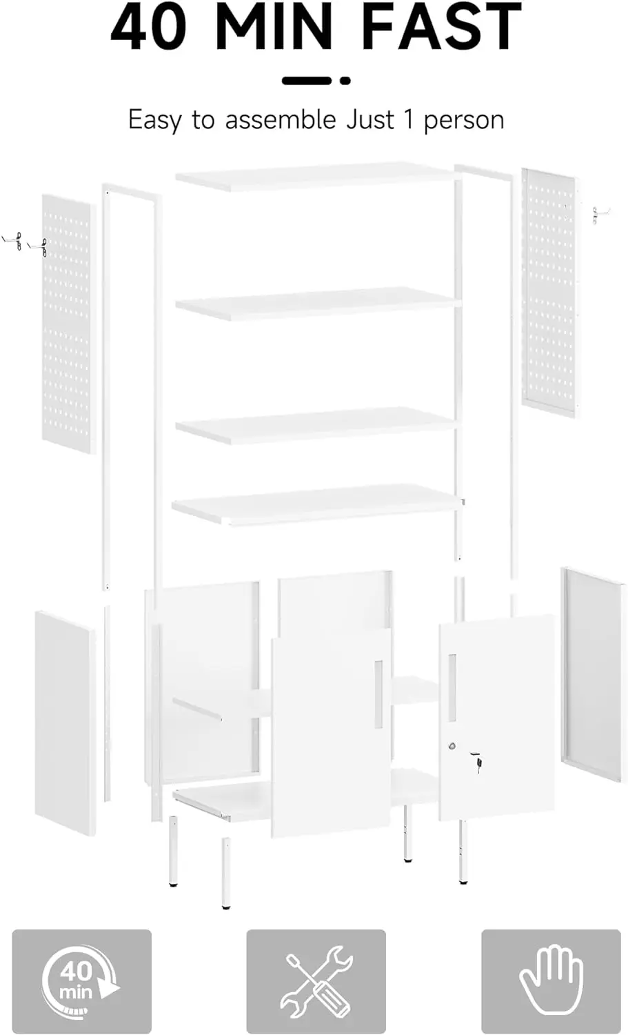 Tall Bookcase with Doors, Modern Display Cabinet with Lock & Pegboard, Metal Storage Organizer Shelves for Living Room, Bedroom