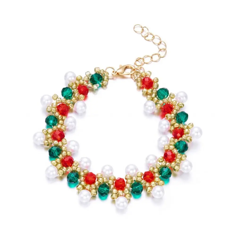 Alloy Christmas Beaded Bracelet Imitation Pearl Beaded Construction Christmas Charm Bracelet Red Green Theme