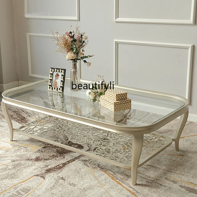 American Light Luxury Solid Wood Stainless Steel Champagne Gold Glass Coffee Table Simple   Rounded Corner Hollow out Creative