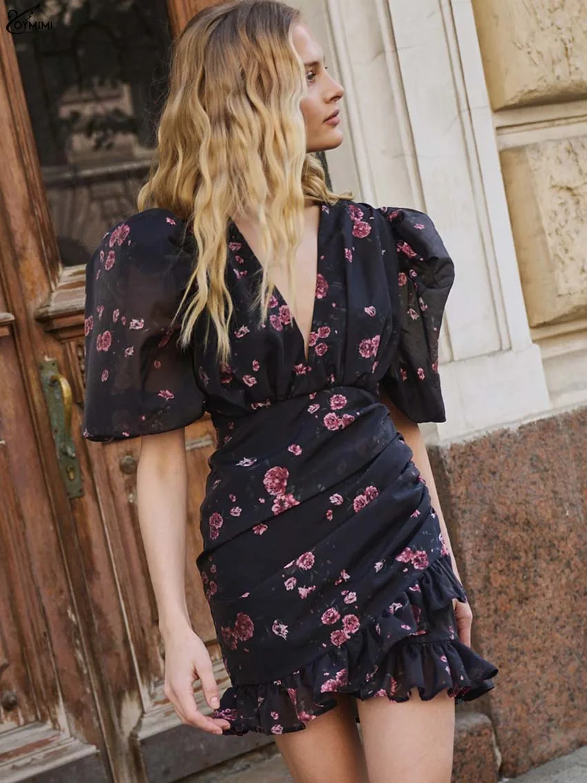 

Oymimi Fashion Black Print Dresses 2025 Woman Elegant Deep V-Neck Short Sleeve Dress Autumn High Waist Ruffled Dress Streetwear
