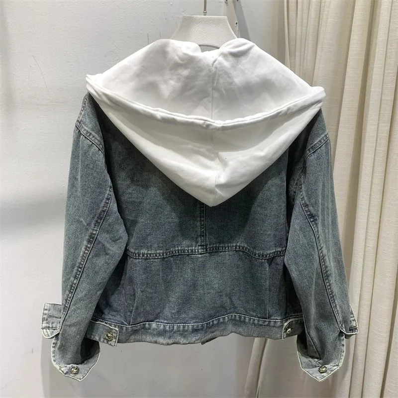 Spring Autumn New Women Clothing Fake Two Hooded Denim Jacket Ladies Long Sleeve Short Loose Cowboy Tops Femme Casual Basic Coat