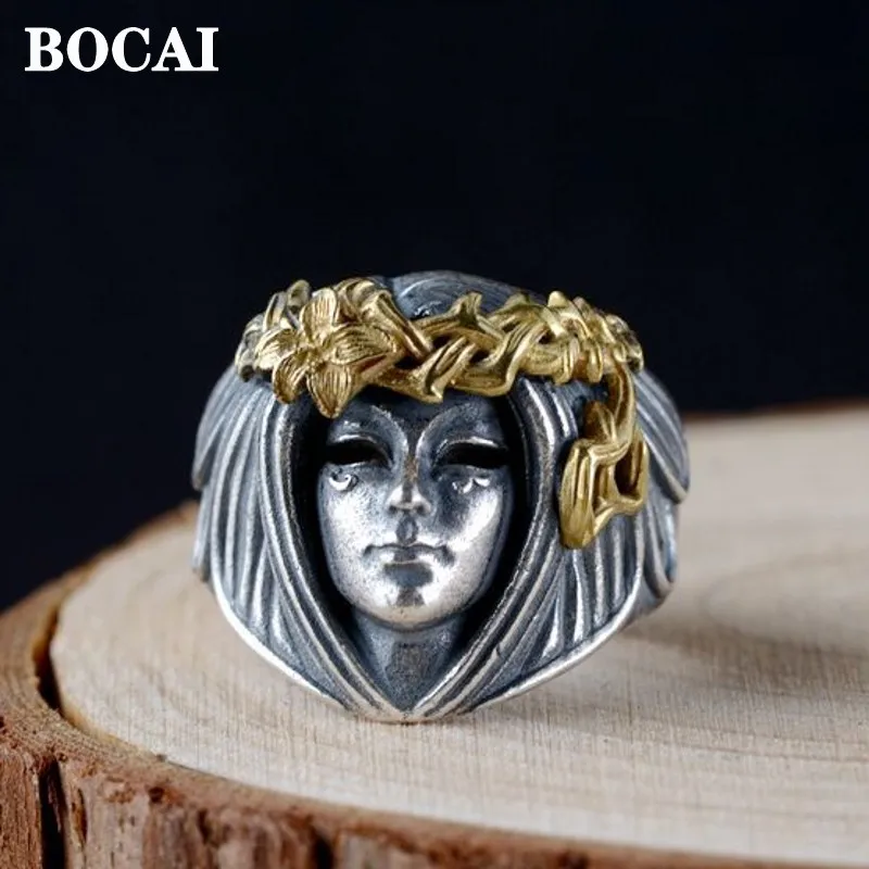 BOCAI 100% S925 Pure Silver Vintage Thai Ring for Woman  and Copper Combination Craft Men's Goddess Ring