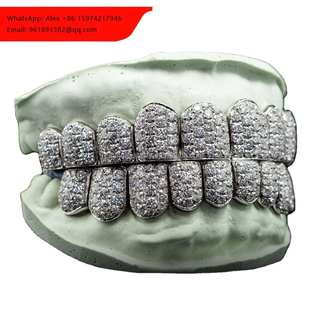 

Custom Fashion Hip Hop Jewelry 925 Sterling Silver Iced Out VVS Diamond Round Cut Moissanite Teeth Grillz For Mens