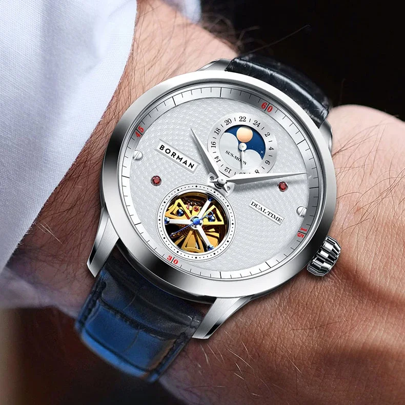 بورمان ساعة أوتوماتيكية للرجال 42 ملم ساعة يد ميكانيكية بحزام جلدي هيكل عظمي مينا ياقوت مرآة 24 ساعة