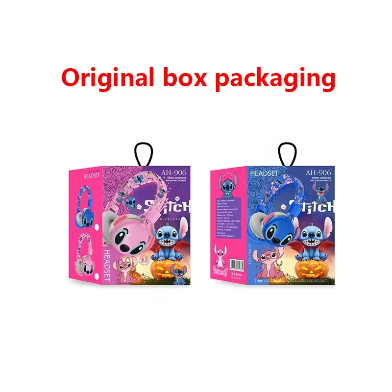 Headphone Bluetooth Anime Kartun Stitch Disney Ah-906 Earbud Nirkabel Suara Hifi Headset Lipat dengan Mikrofon Hadiah Anak-anak Kawaii