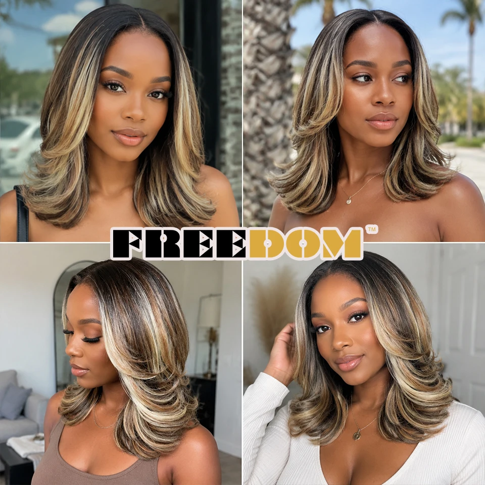 FREEDOM 14 Zoll Synthetische Bob-Perücke mit Pony, 13x4 Lace-Front-Perücke für Schwarze Frauen, Ombre Braun mit Highlights, Perücke für den täglichen Gebrauch – Detail 1