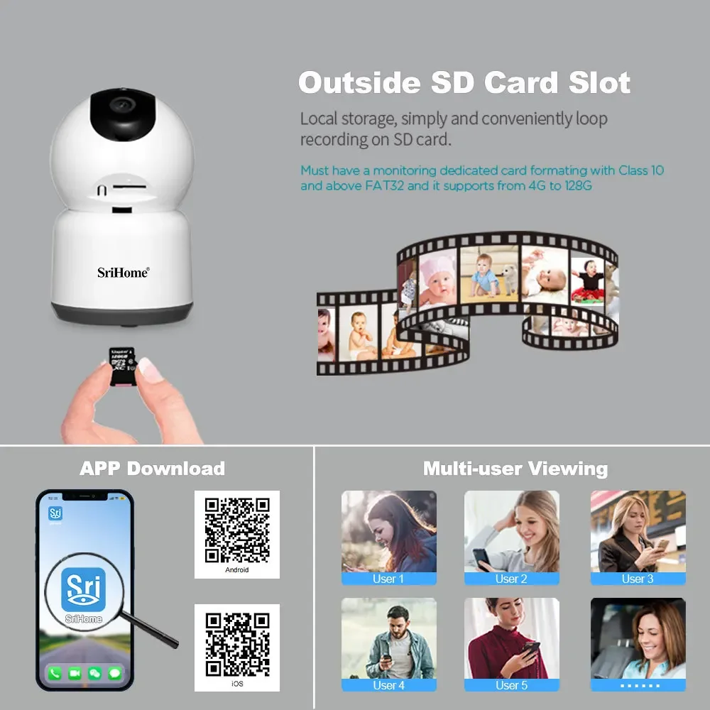SriHome-cámara IP de 5MP y 5G para el hogar, dispositivo de vigilancia inteligente inalámbrico con WIFI, Audio, seguimiento automático, Monitor de seguridad para bebés, Tuya