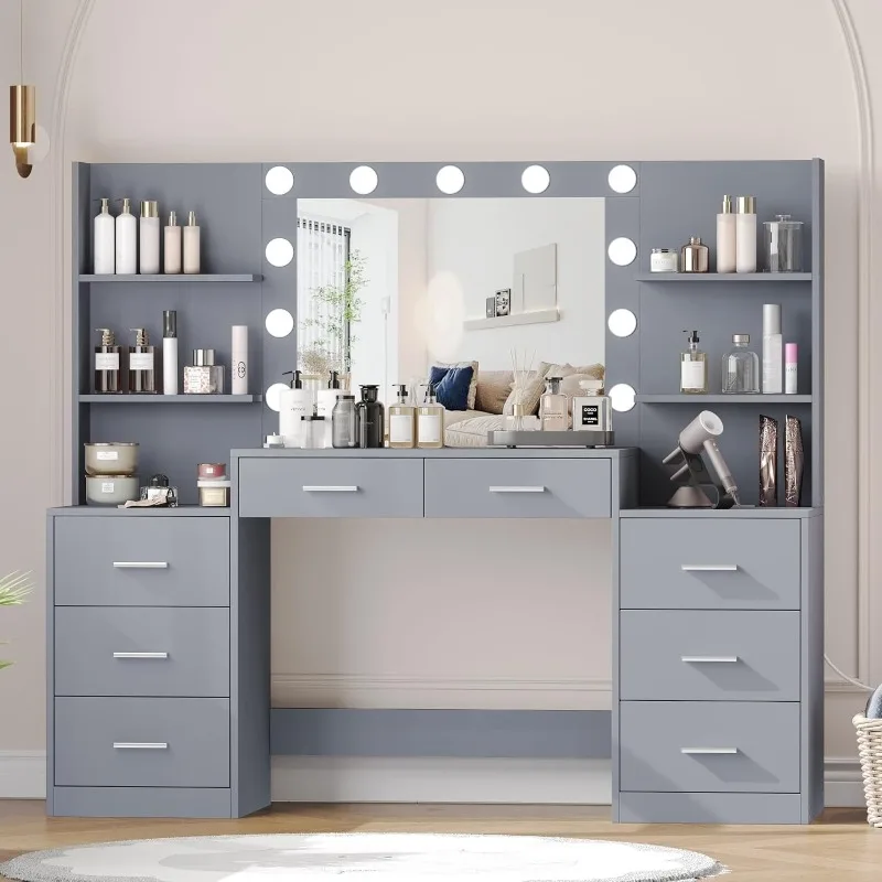 

Irontar Makeup Vanity Table with Mirror & Lights, Vanity Desk with Power Strip, Large Drawer & Six Open Storage Dresser,