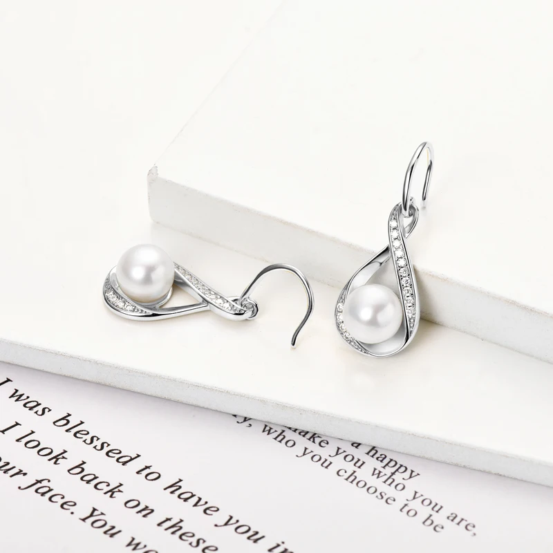 OXTAO D VVS1 infini Moissanite boucle d'oreille pendentif 8mm naturel perle d'eau douce en forme de pain balancent crochet boucles d'oreilles femme bijoux