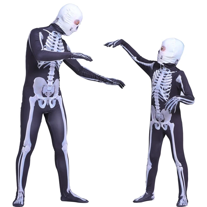 Adults Kids Halloween Costume Zombie Skeleton Jumpsuit and Headgear Carnival Party Cosplay Outfits Bodysuits For Boys Girls