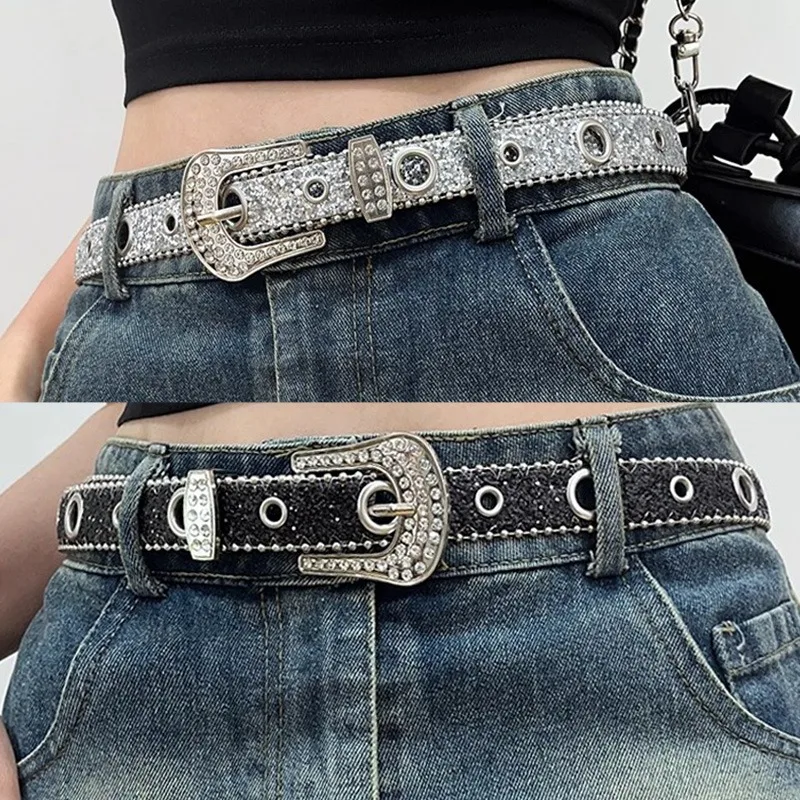 Vintage Rhinestone Belts for Women Bling Sweet Cool PU Leather Metal Buckle Pin Waist Belt Leisure Dress Jeans Wild Waistband