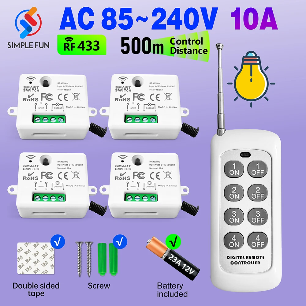 Interruptor de luz de Control remoto inalámbrico RF, Mini módulo de relé de 433MHz, 110V, 220V, transmisor 4 en 1, para encendido/apagado de ventilador de lámpara Led de 500 metros