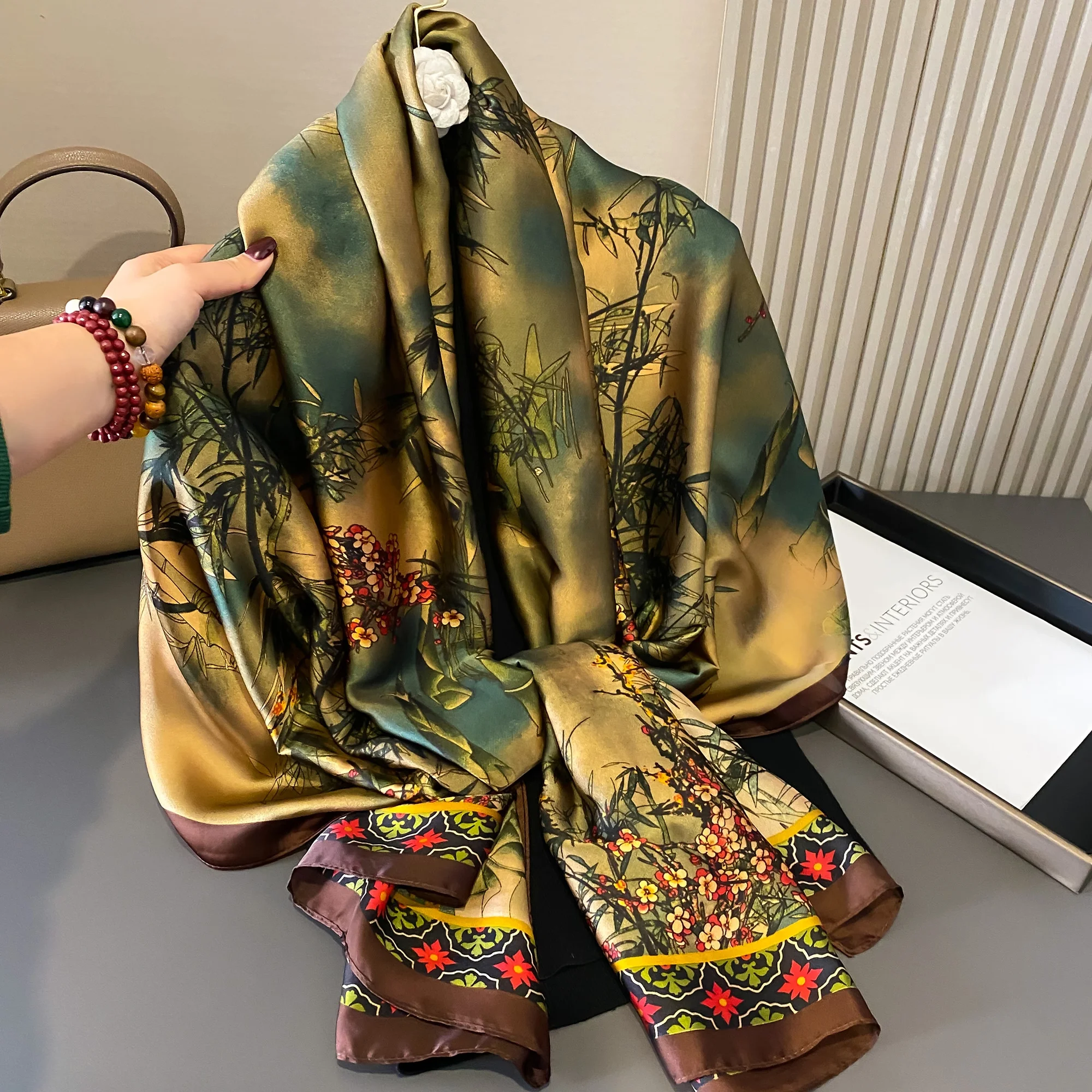 180*90cm Luxury Brand Women Summer Silk Scarves Shawls Lady Wraps Soft Female Geometry Beach Stole Bandanna Foulard Muffler