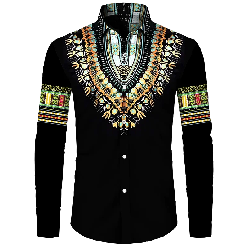 African Dashiki Print Men\'s Turn-down Collar Button Shirts Casual Long Sleeve Tops Apparel Ethnic Style Streetwear Clothes Shirt